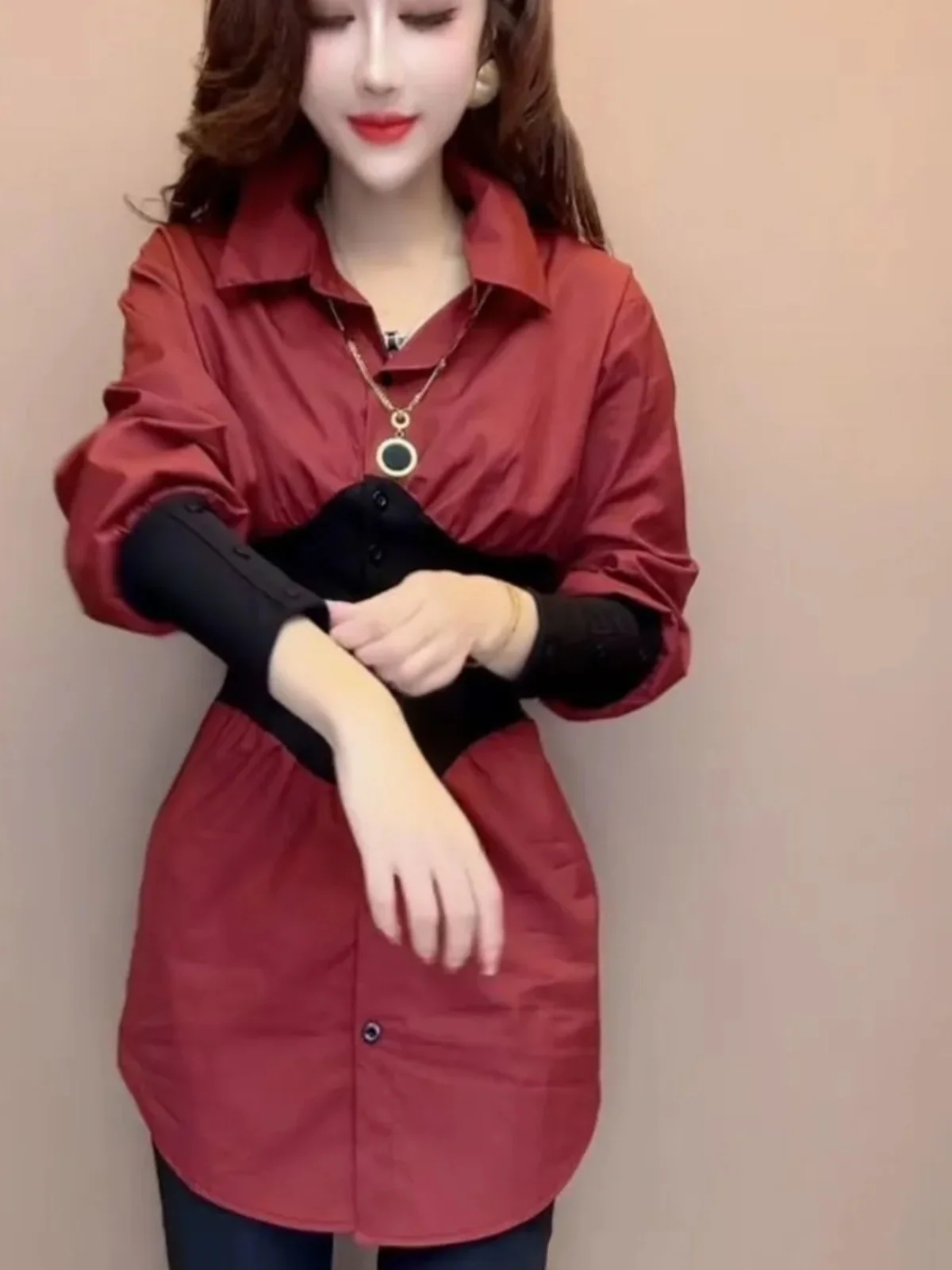 

Модное корейское платье свободного кроя с длинным рукавом, воротником и юбкой-миди А-силуэта, осеннее, для ранней осени