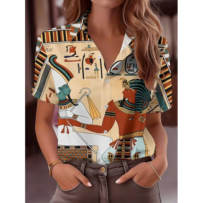 Women Casual Short Sleeve Button Up Shirt Ancient Egyptian Mural Design Traditional Attire Figures Mystical Ancient Atmosphere P