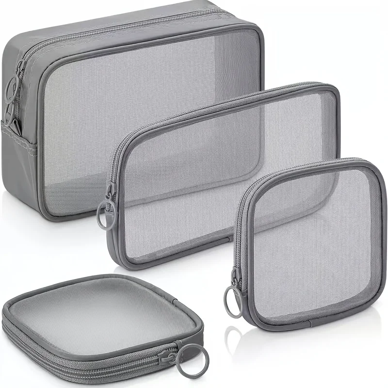 4pcs Set Thickened Nylon Mesh Cosmetic Bag Transparent Travel Makeup Bag Portable Breathable Storage Organizer for Beauty Essent