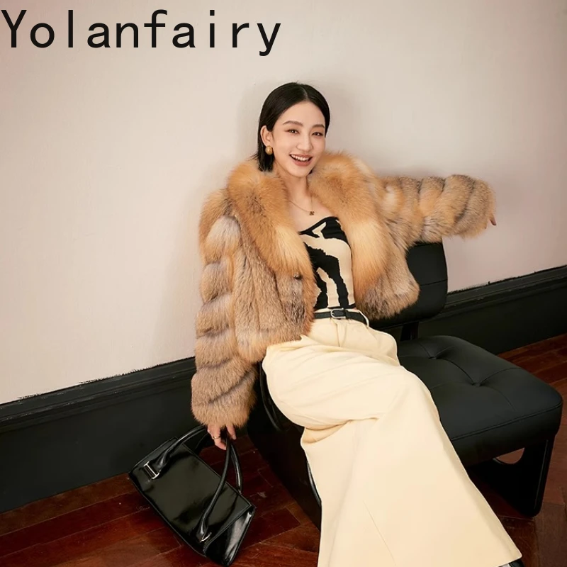 YOLANFAIRY معطف فرو الثعلب المستورد للخريف والشتاء امرأة رشاقته الدفء طويلة الأكمام الرجعية التنقل نمط معطف الفرو شوهبا 2025 #1