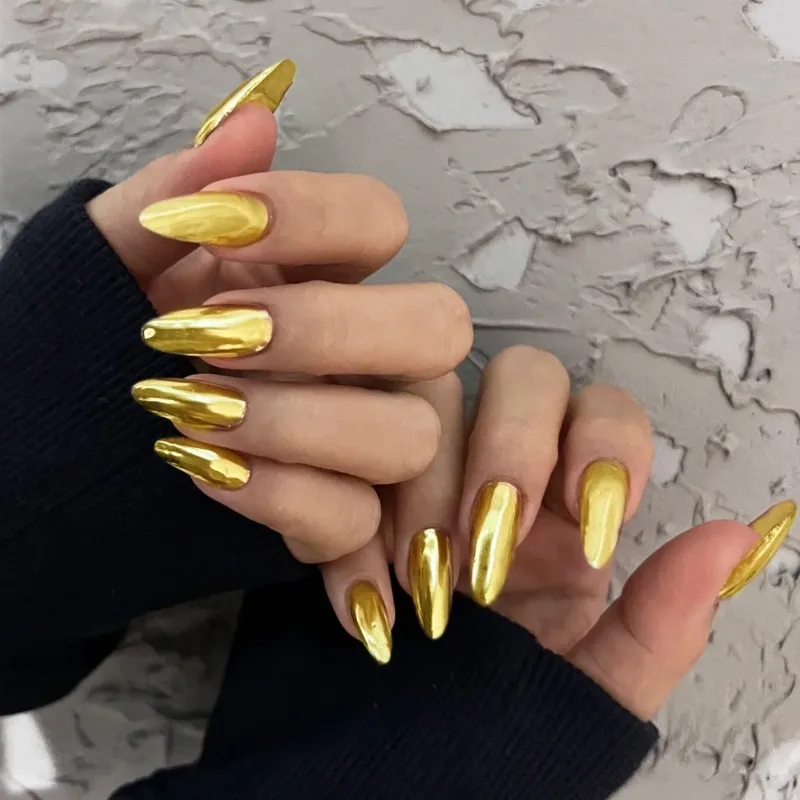 

24pcs Golden Almond Medium Long Press on Nails Set Cheap False Nails Girls Artificial Realistic Fake Nails for Gluing Wholesale
