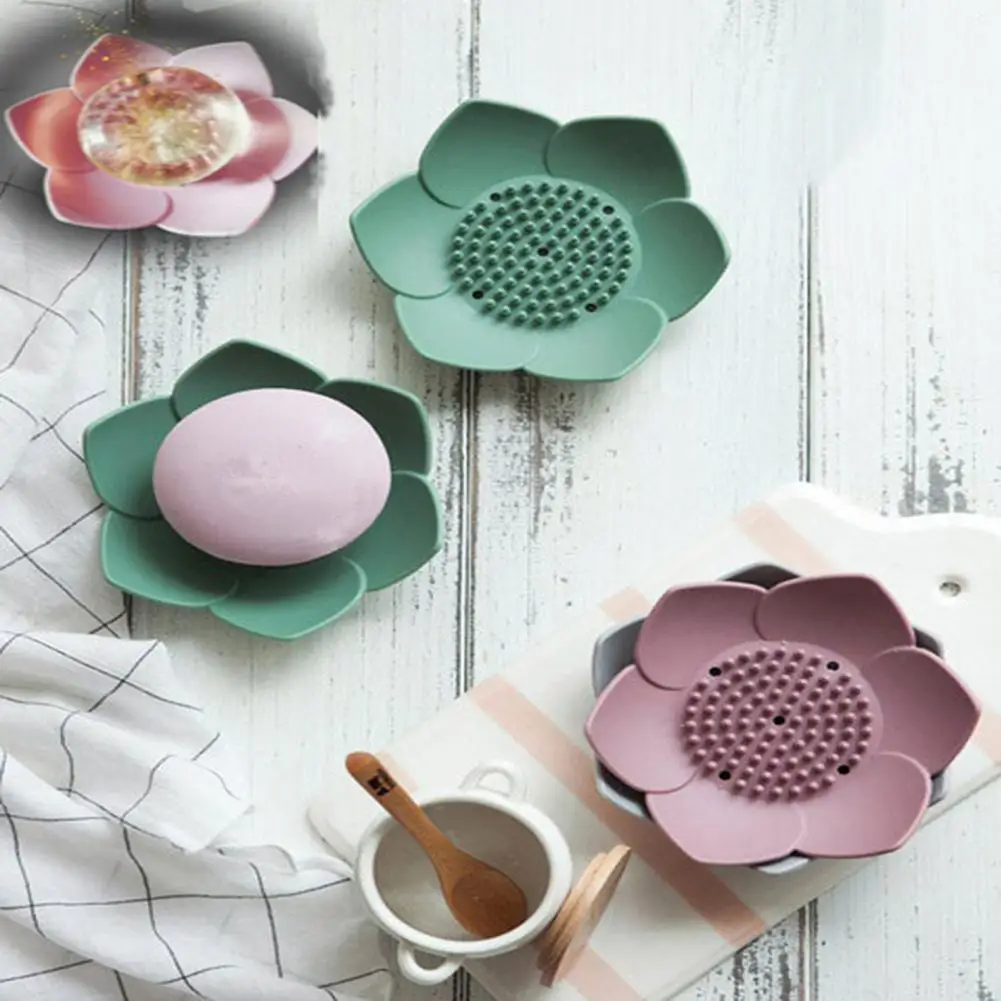 Soap Box Lotus Shape Soap Dish Lotus Shaped Silicone Soap Dish with Stable Base Non-slip Draining Tray Compact for Reusable