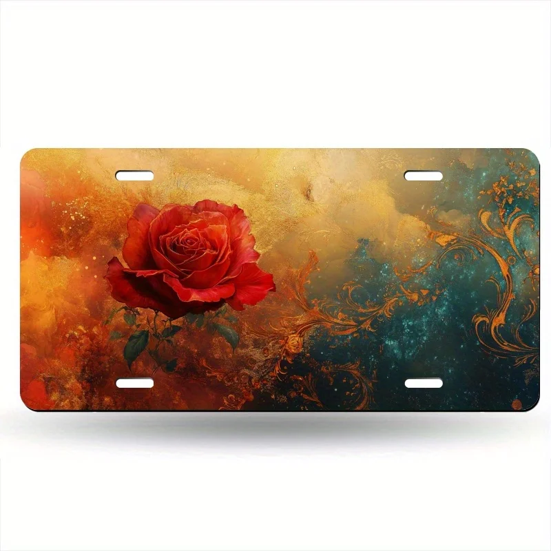1pc Vintage Red Rose and Cosmic Swirl Aluminum License Plate | 15.24x30.48cm Durable Weatherproof Metal Art for Cars, Trucks, SU