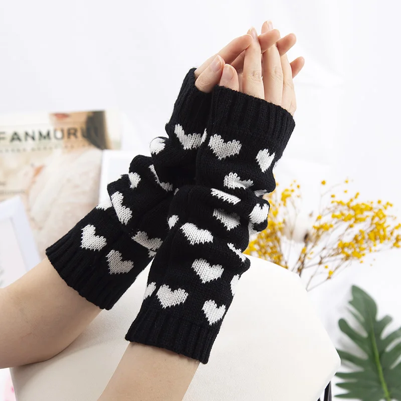 Women Fingerless Gloves JK Arm Warmers Cute Long Glove Winter Gothic Lolita Arm Sleeve Girls Y2k Love Heart Black Classic Mitten