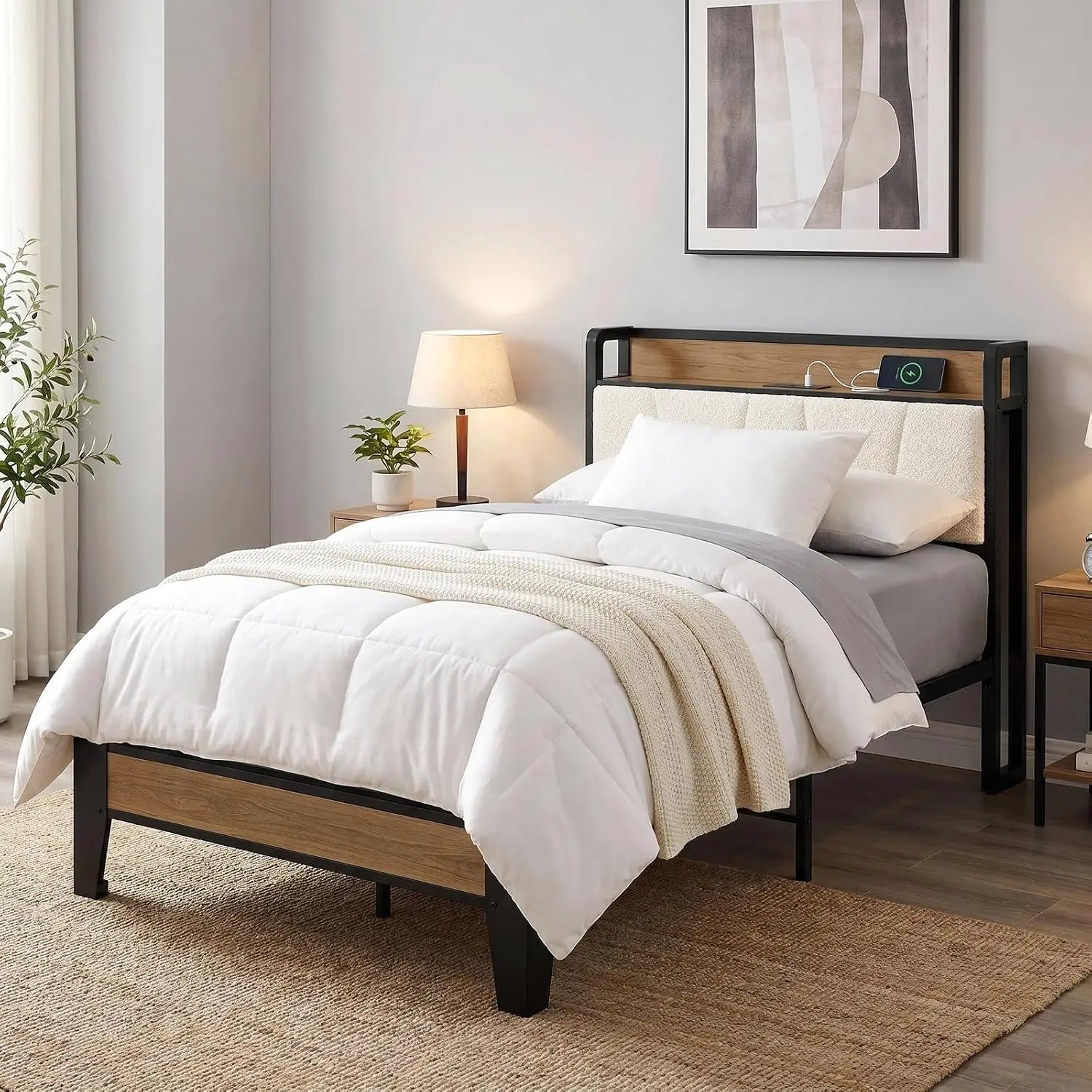 LIKIMIO Twin Bed Frame Storage Headboard Charging Station Solid Stable Noise Free No Box Spring Easy Assembly Wood Cream