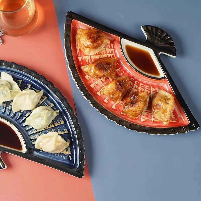 Underglaze‑Color Semi‑Circular Divided Ceramic Plate,Japanese Dumpling Sushi Serving Tray with Dipping Sauce Dish,Microwave‑Safe