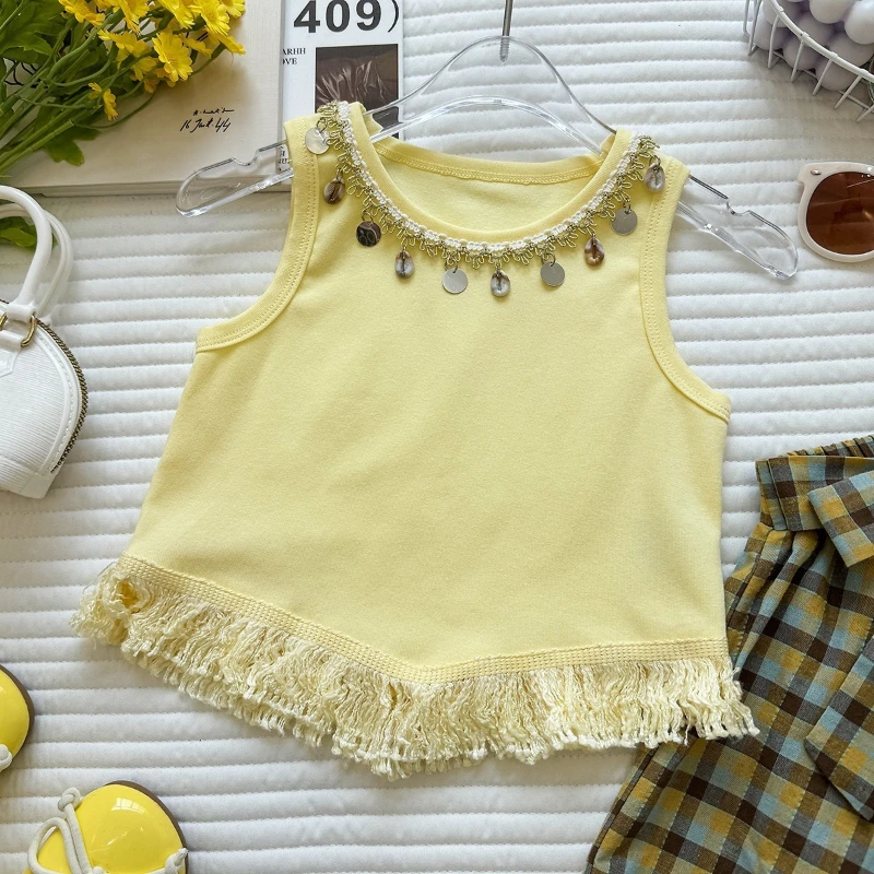 2026 Summer New Children's Design Solid Color Tassel Tank Top and Color blocked Checkered Skirt Two-piece Set