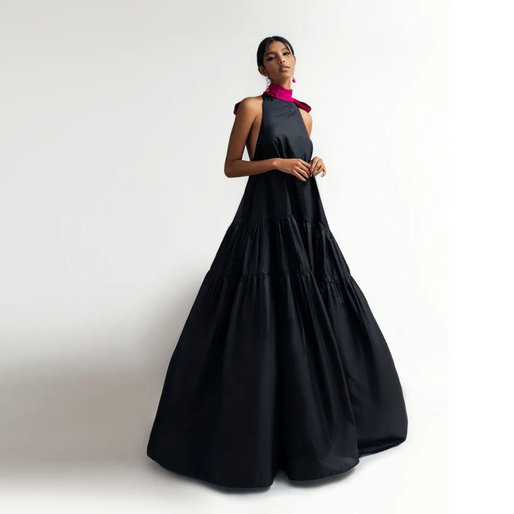 

Black Halter Backless Loose Long Satin Evening Dresses With Bow And Bright Line Details A-line Women Maxi Dress Long Robe