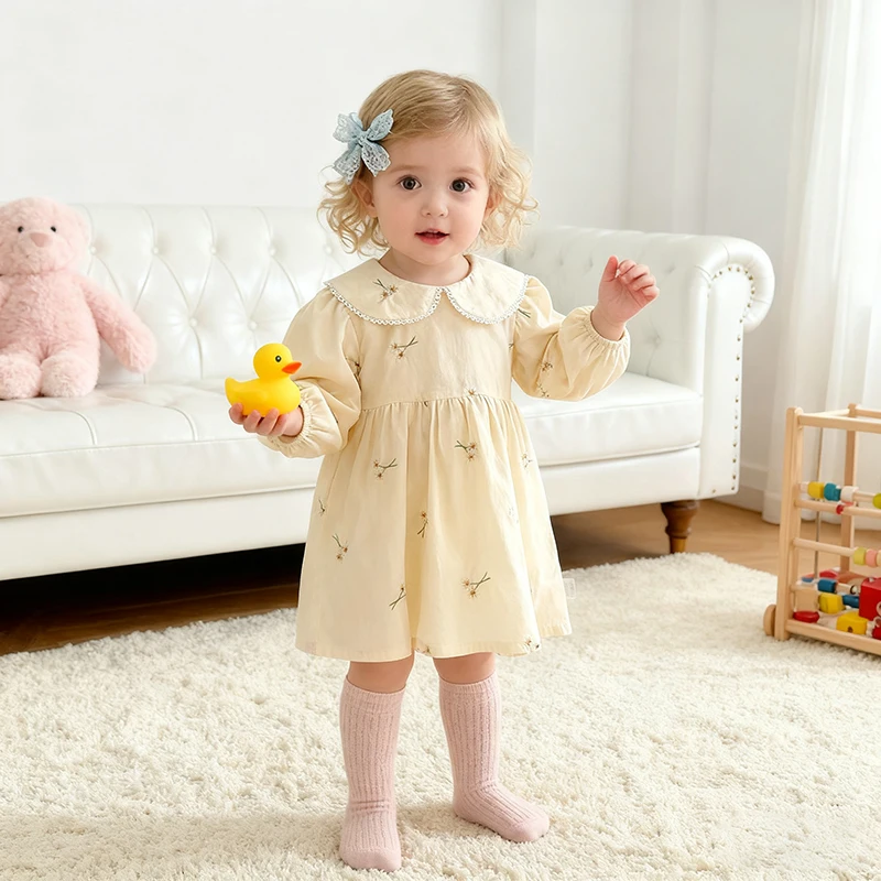 2026 New Spring European American Style Baby Girl Party Dress Long Sleeved Cotton Dress 2-6Yrs Flower Print Kids Princess Dresse