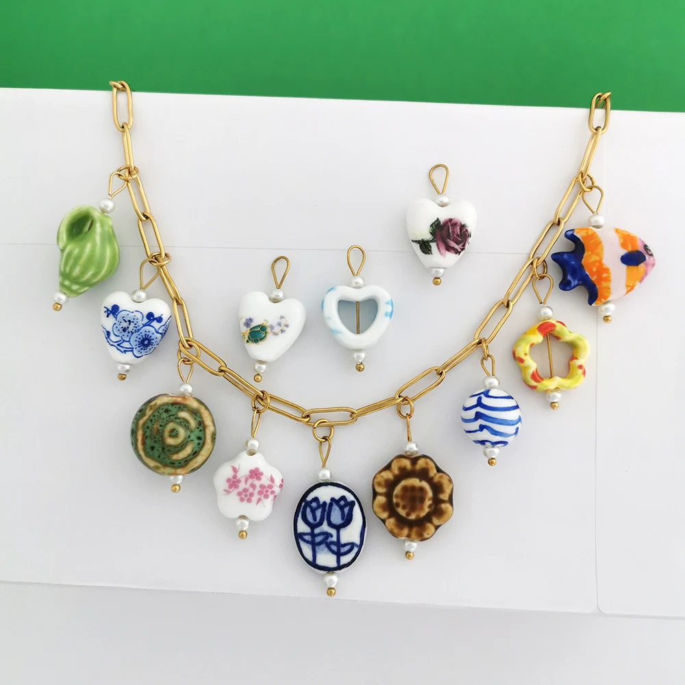 Heart Flower Conch Ceramics Pendant Charm Handmade for Necklace Stainless Steel Gold Color Geometric Imitation Pearl Wholesale
