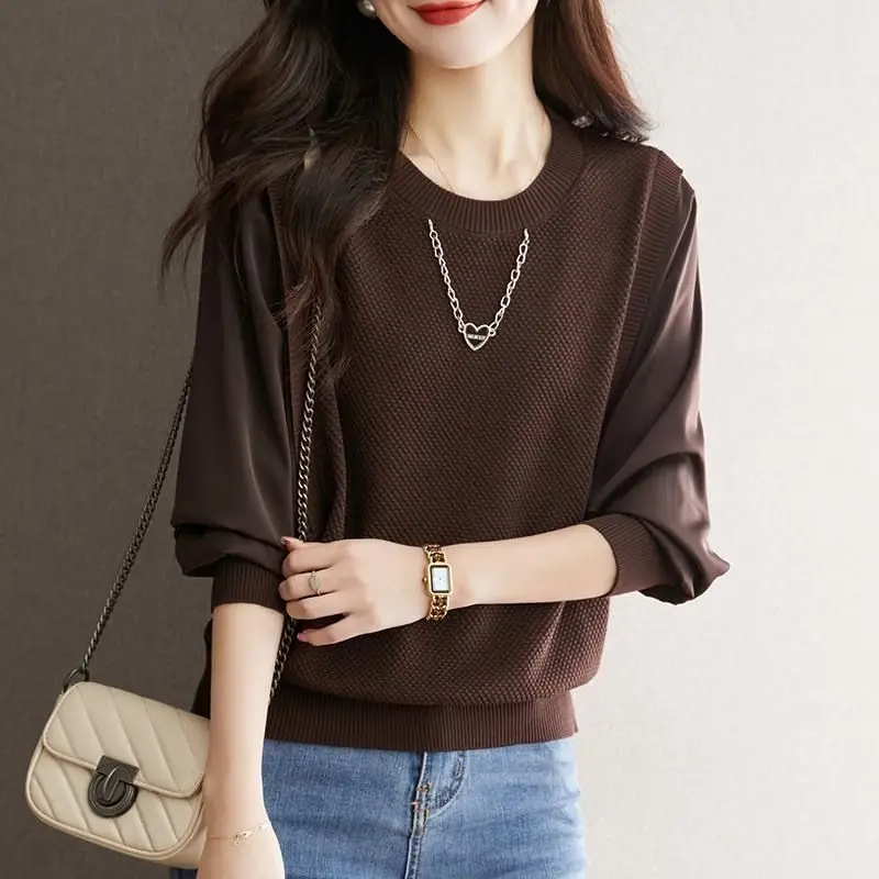 Spring Autumn New Round Neck Long Sleeve Fashion Sweater Women High Street Solid Color Pullovers Elegant Casual All-match Tops