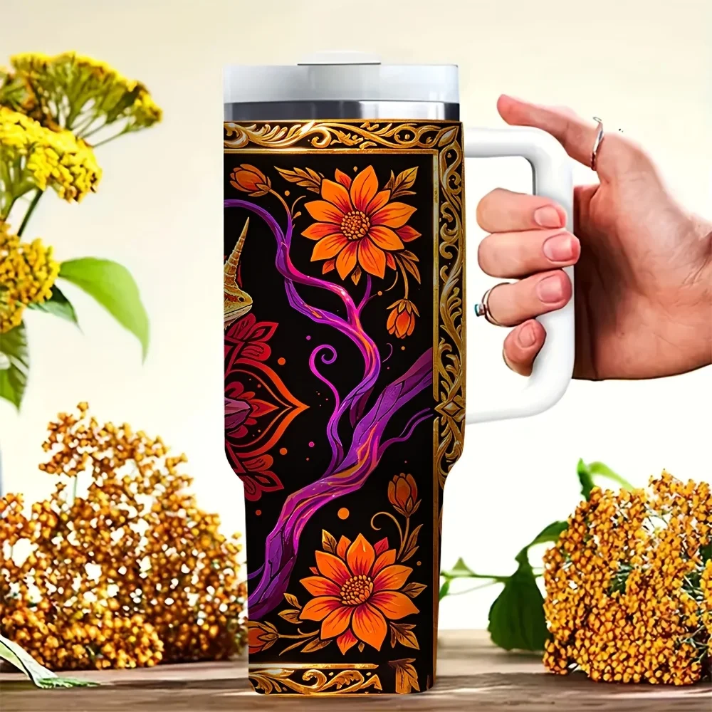 40oz Tumbler with Handle, Lizard Mandala Flower Printed Insulated Cup for Hot And Cold Drinks, Suitable for Adults for Outdoor Travel Daily Use Camping Hiking And Weekend Leisure Activities