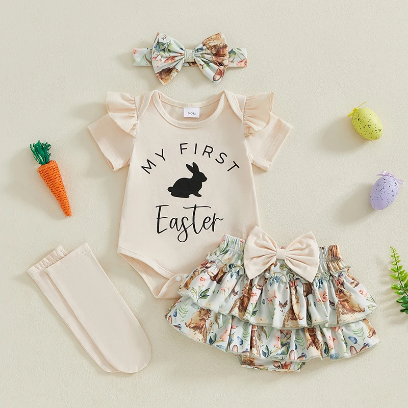 

Baby Girl Easter Outfit Rabbit Short Sleeve Romper Layered Ruffle Shorts Bow Headband Socks Spring Clothes