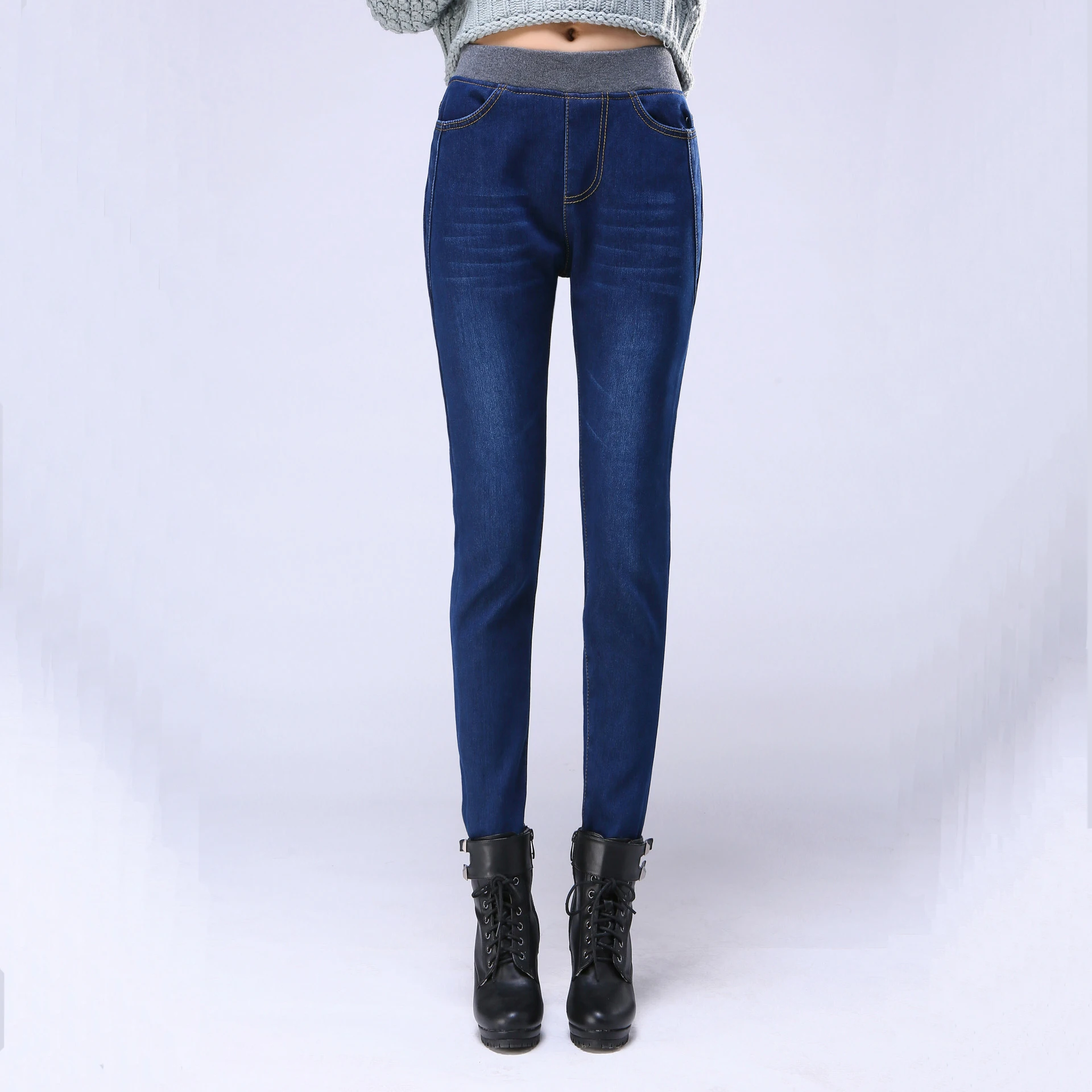 Autumn Winter Large Size with Velvet Jeans Womens Elastic Waist Denim Pencil Pants Woman Jeans Camisa Feminina Lady Fat Trousers