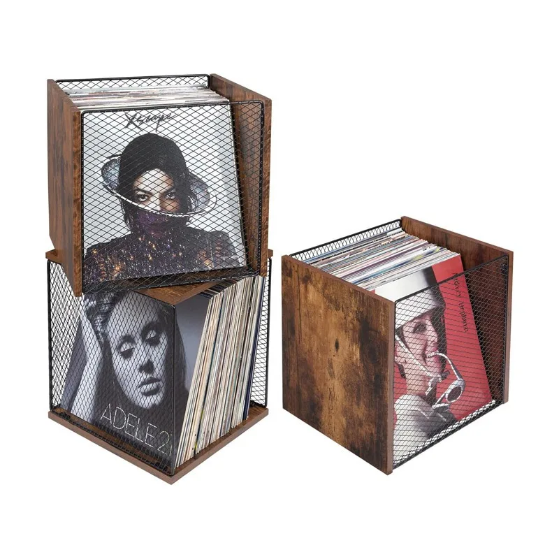 Stackable Iron Wood Vinyl Record Storage Basket Box, Rustic Classical Music Record Display Rack for Home LP Collection