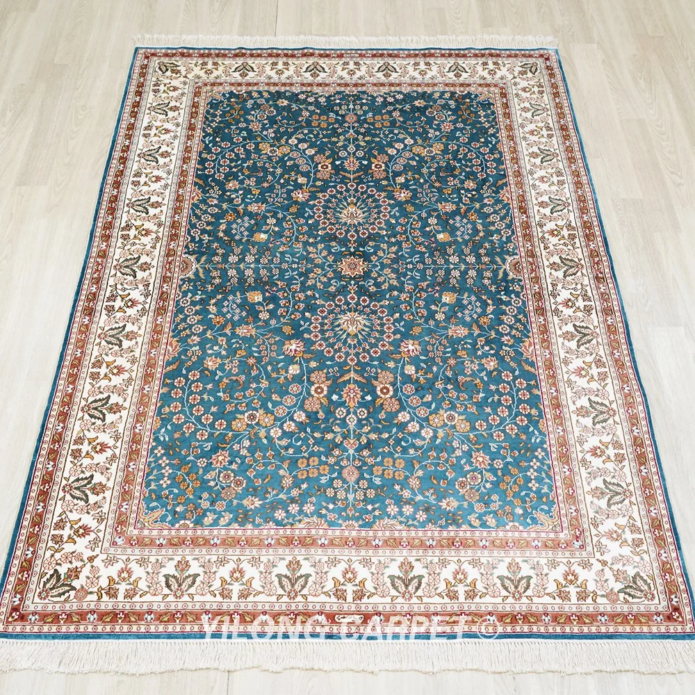 4.5'x6.5' Turkish Design Carpet Hand Knotted Blue Silk Oriental Beautiful Rugs (HF316B)