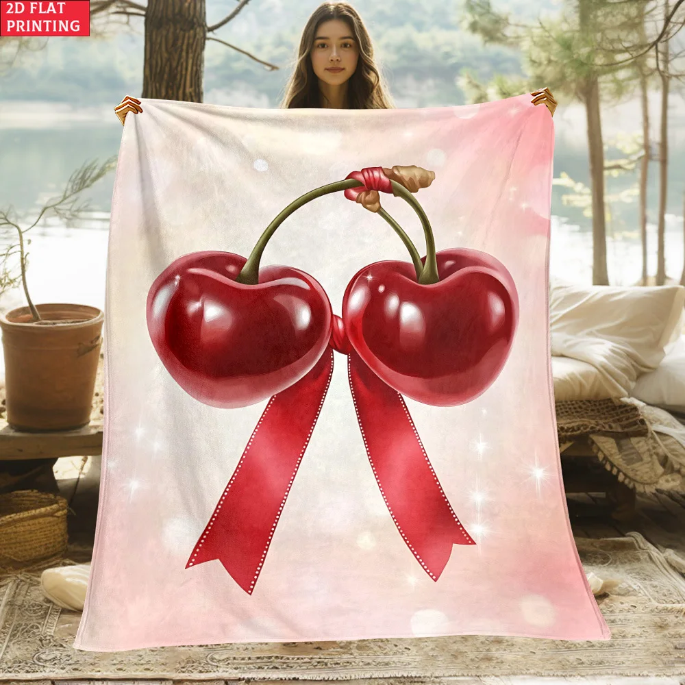 Throw Blanket Sweet Cherry Bow Print Pink Red Fruit Design Soft Cozy Wrap For Bedroom Living Room And Girly Home Decor
