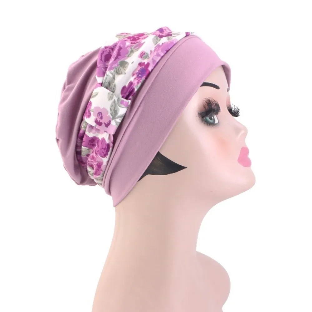 Soft Elastic Pre-Tied Turban Hat Floral Print Solid Base Chemo Cap Stretchy Fabric Pre-Tied Bow Head Wrap Beanie Daily Wear
