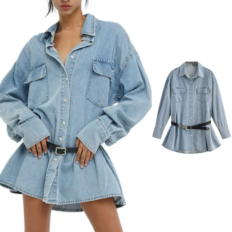 

American Retro Blue Distressed Waist-Cinching Shirt Dress Women 24 Early Autumn New Slimming Long-Sleeve Shirt Dress