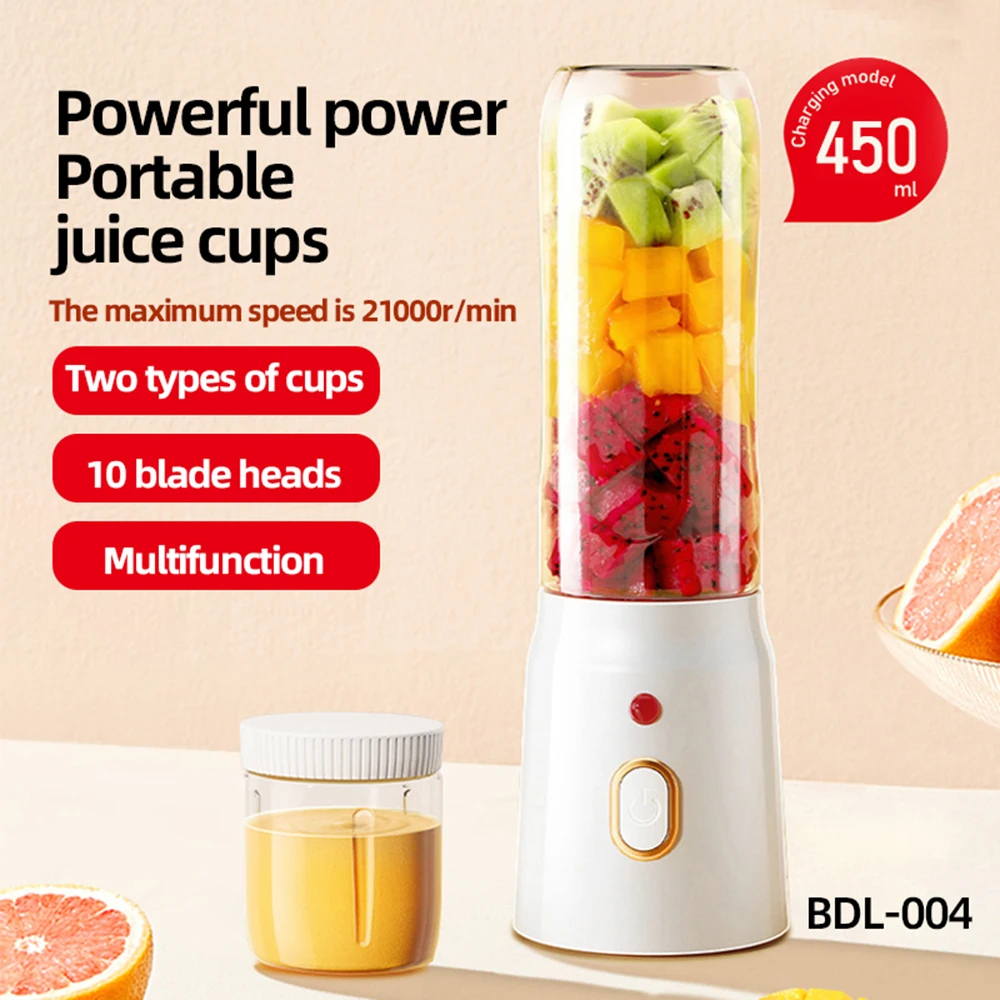 Electric Juicer Cup with 2 Cups Portable Juicer Mixer 10 Blade Usb Charge Fresh Fruit Juice Personal Blender Smoothie For Travel