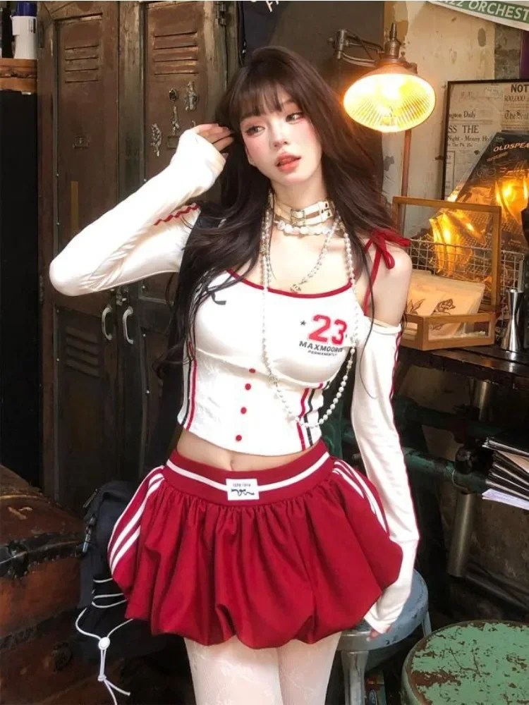 town Coquette Y2k Kapalı Omuz Mahsul T Shirt Kadın Estetik Bandaj Çizgili Uzun Kollu Tees Kpop Tatlı