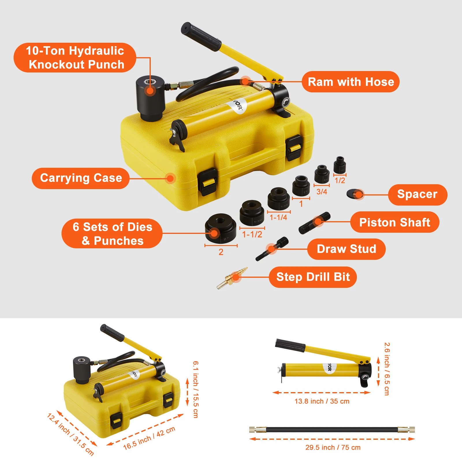 VEVOR 10Ton Hydraulic Knockout Punch Driver Kit 1/2\