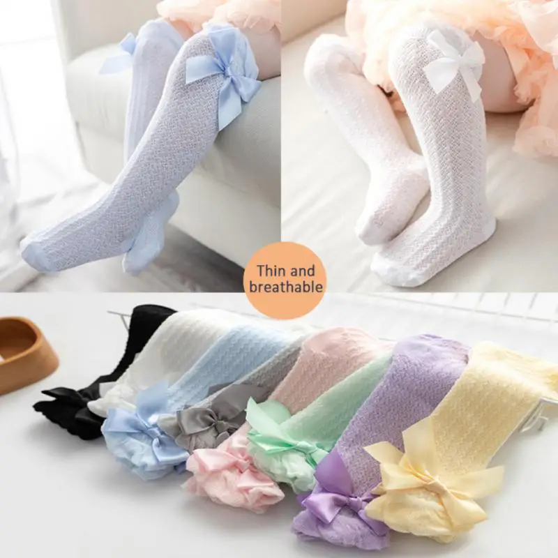 Royal Style Summer Baby Girl Socks Cute Big Bows Soft Cotton Elastic Mesh Newborn Socks Knee High Long Toddler Girl Socks 0-3Y