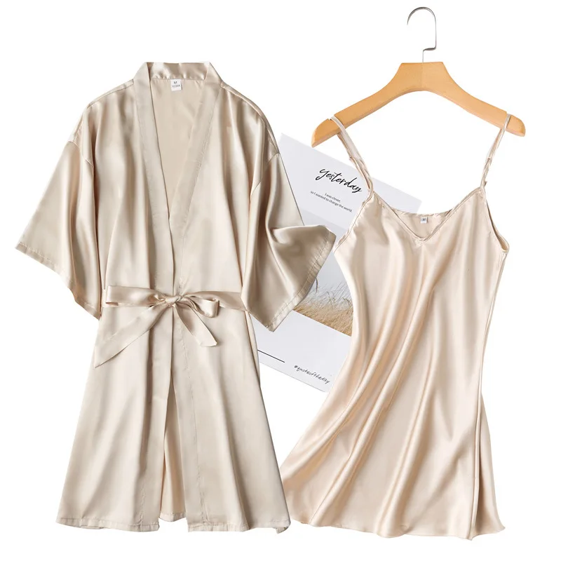 Bride Bridesmaid Wedding Robe Set Sexy Short 2PCS Robe Set Nightwear Casual Satin Champagne Sleepwear Kimono Bathrobe Gown