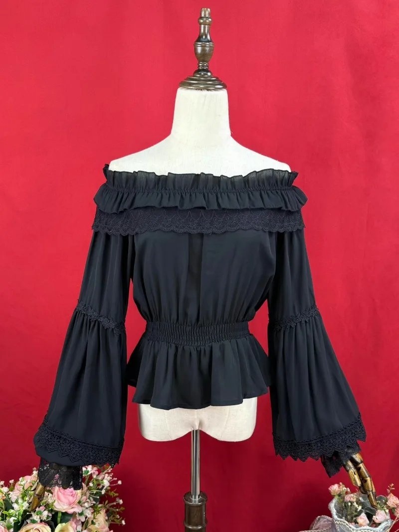 

Original Lolita Spring Autumn Long-sleeved Inner Blouse Elastic One-word Collar Short Bottoming Shirt Pullover Sweet Girls Top