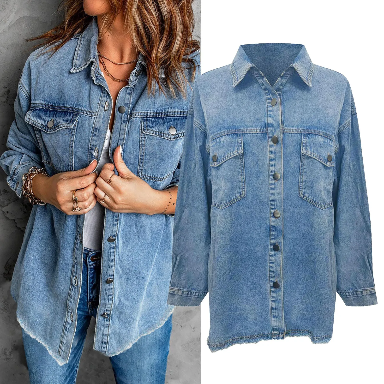 Denim Jackets Coats For Women 2024 Trend Pocket Long Sleeve Baggy Jean Outerwear Sky Blue Cowboy Causal Work Jeans Streetwear