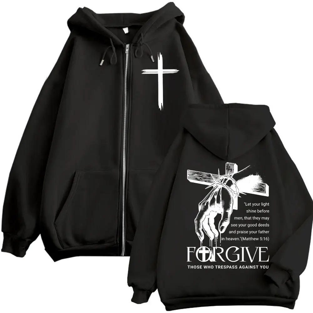 Christian Jesus Forgive Those Who Trespass Against You Zipper Hoodies Men's Women's Gothic Fashion Vintage Zip Up Sweatshirts