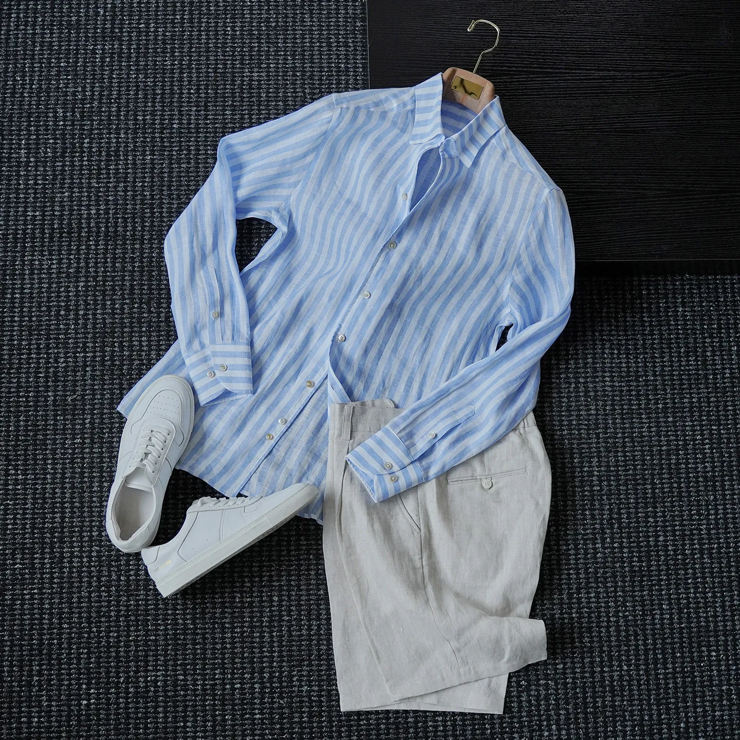 

Spring and summer 100% linen striped yarn-dyed one-piece collar shirt men's slack