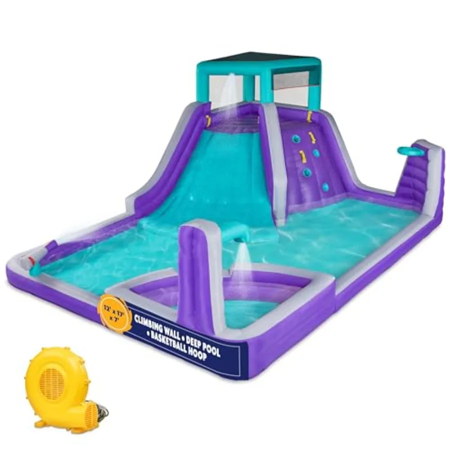

Four Corner Inflatable Water Slide Park with Climbing Wall and Deep Pool Heavy-Duty Outdoor Water Playground in Blue and Yellow