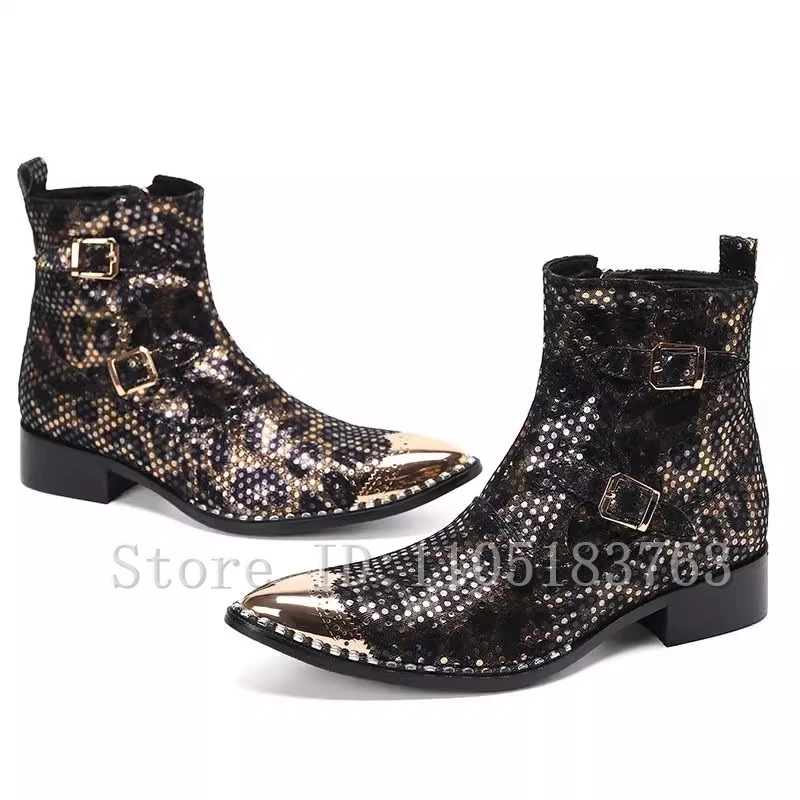 Bling Sequin Double Buckle Men Chelsea Boots Luxury Design Handmade Metal Toe Ankle Boots Fashion Male Dress Shoes Large Size
