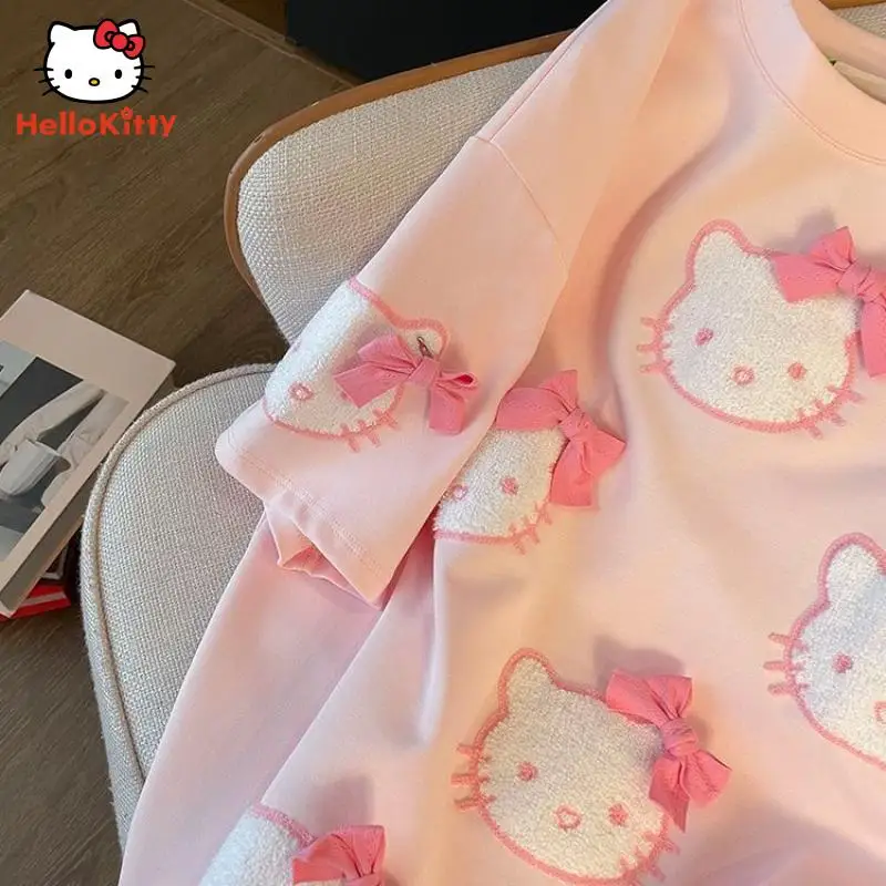 Plus Size abbigliamento donna Y2K Anime Cartoon hellogykitty Summer t-Shirt manica corta Sweet Bow ricamo top t-Shirt allentata