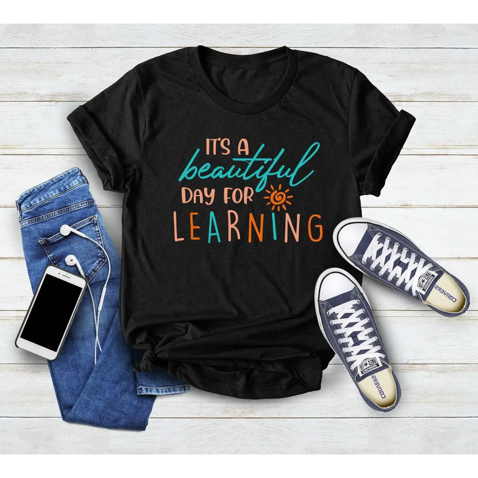 It's A Beautiful Day For Learning T Shirt Teacher Teach Love Inspire Back To School  vintage Washed Top For Everyday Wear