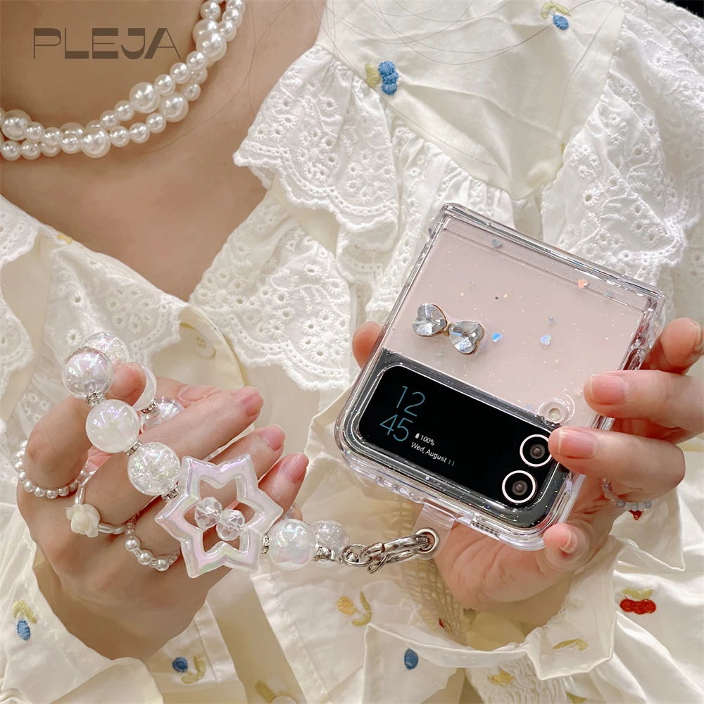 

Cute Crystal Bracelet Chain Glitter Clear Phone Case For Samsung Galaxy Z Flip 5 4 3 Flip3 Flip4 Korean Lovely Transparent Cover