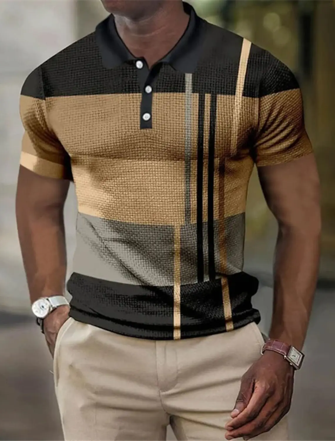 Polo Shirt Men\'s Striped Graphic Print Geometric Cuff 3D Print Outdoor Street Short Sleeve Printed Button Clothing Fashionable