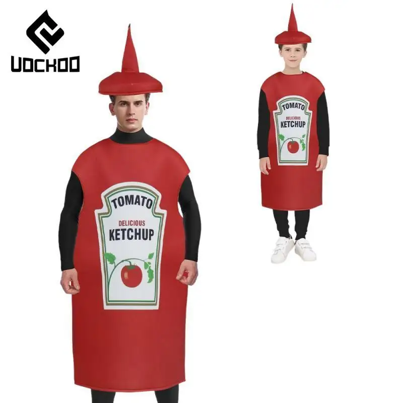 Dress Up Ketchup Flasche Kostüm Tomatensauce Schwamm Cosplay Jungen Mädchen Overall Lustige Bühnenkostüme Neuheit Paar Kleidung