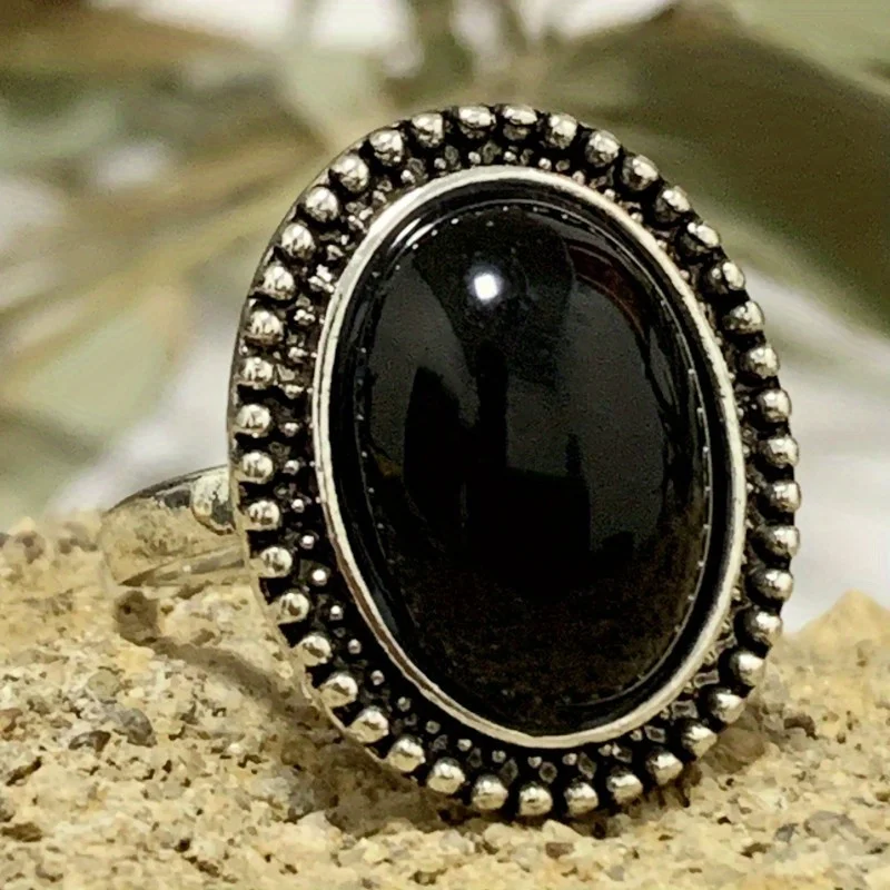 Boho Dark Black Ring Exaggerated Round Agate Stone Anniversary Birthday Gift For Female Luxurious Jewelry For Evening Party