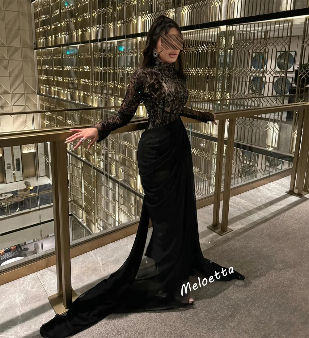 Maßgeschneidertes Temperament, hoher Kragen, Spitze, Falten, rückenfrei, lange Kleider, maßgeschneiderter Anlass, lange Ärmel, Abendkleid, Partykleid