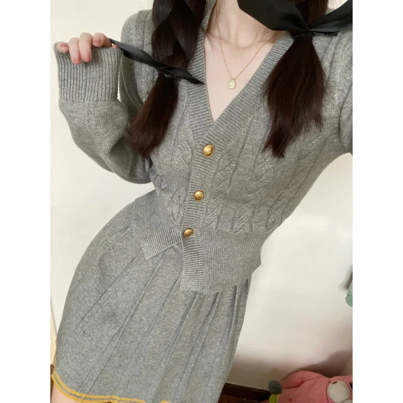 Spring Korean College Style 2 Pieces Women Knitted Sets Long-sleeved V-neck Single-breasted Sweater Tops Mini Pleated Skirt Suit