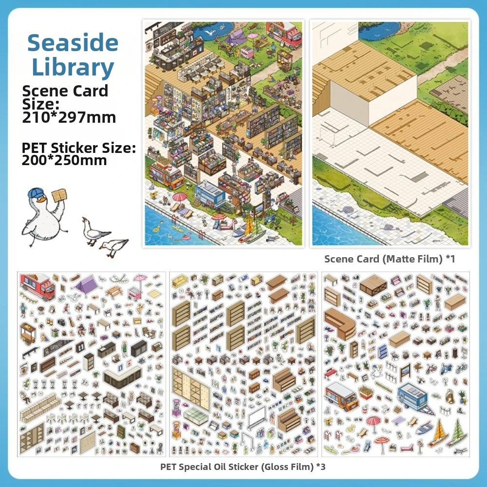 Shop Theme 3D Scene Stickers Large Size Beach Library Stationery Stickers Supermarket PET Die Cut Stacking Stickers