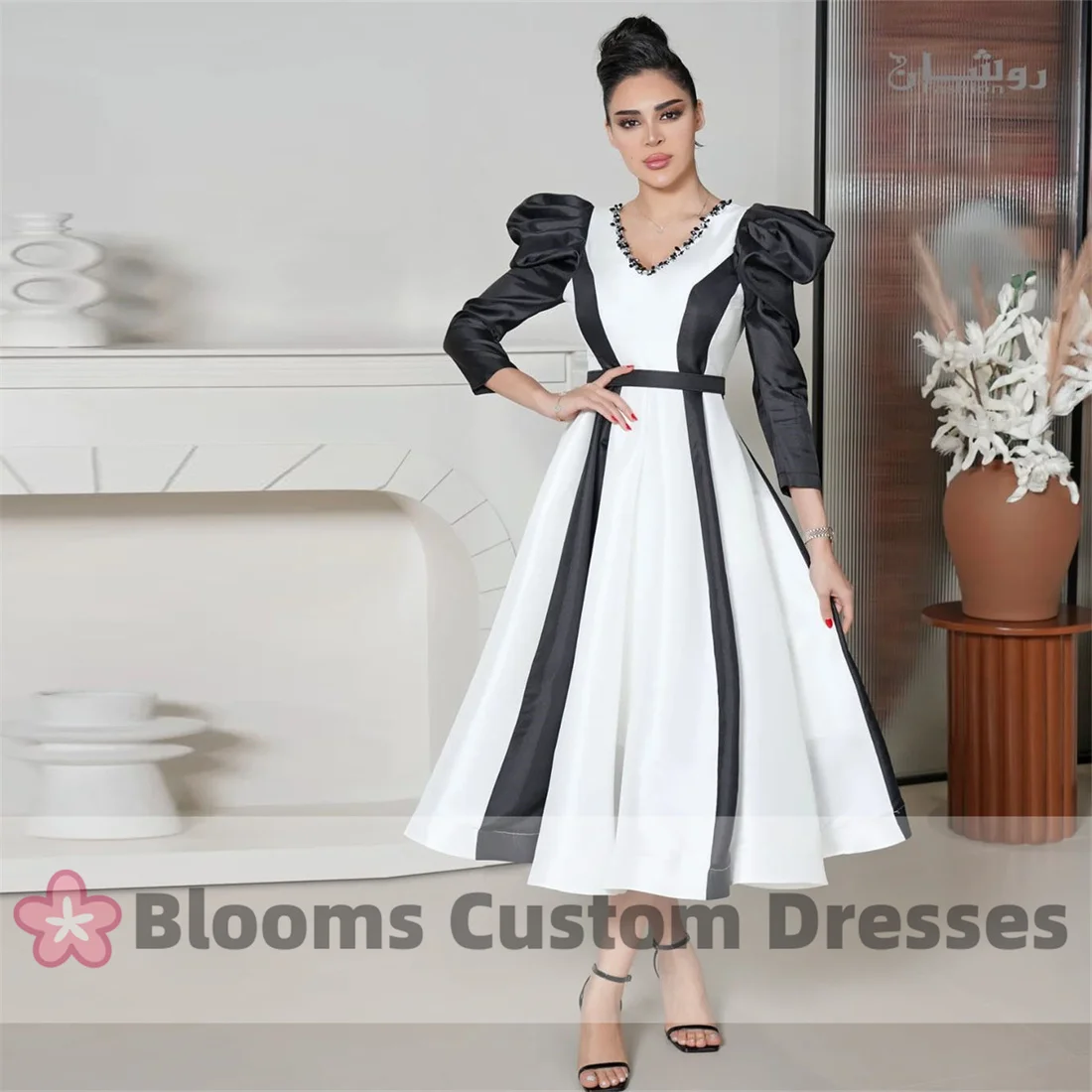 

Blooms Black Simple V Neck Beading A LINE Formal Evening Dress Saudi Arabia 2024 Satin Ankle Length Long Sleeves Prom Dress