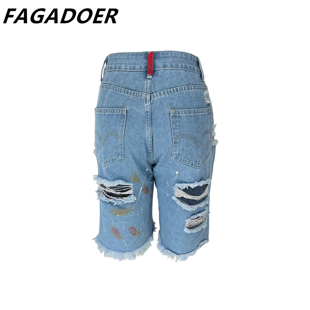 FAGADOER Fashion Streetwear Women Hole Print Pants Casual High Waist Button Straight Jeans Summer Female Harajuku Style Bottoms