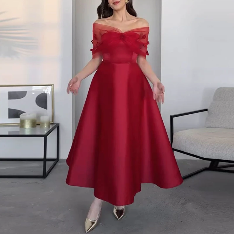 Trendy mesh prinsessenjurk met sjaalmouwen, elegante off-shoulder rode avondjurk, temperament, hoge taille, gesplitste satijnen a-lijnjurk