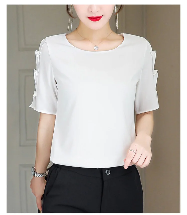 夏の女性のための半袖シフォンシャツ新しい韓国ファッション OL ミッドスリーブシャツファッショナブルなデザインプロフェッショナルトップ