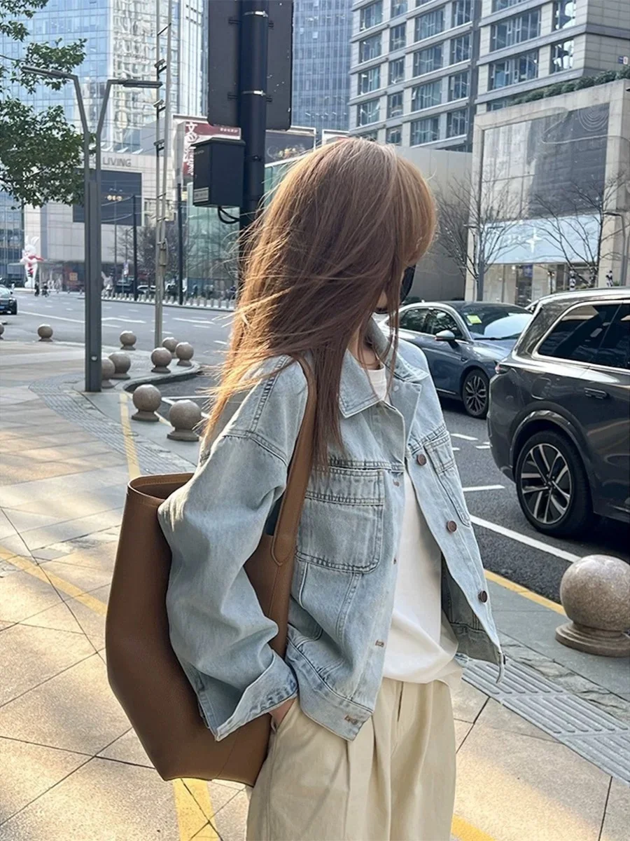 

Retro Light Blue Denim Jacket Women Spring Autumn Loose Casual Turndown Collar Short Coat Long Sleeved Single Breasted Top