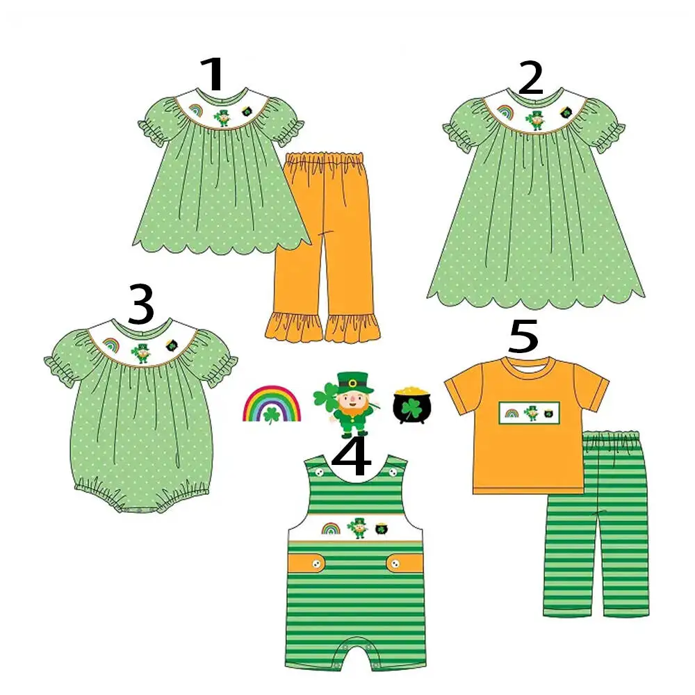 Nueva Boutique de ropa para niños, pantalones elásticos de manga corta con estampado de trébol de arcoíris, monos para bebés y niñas, vestidos de seda de leche