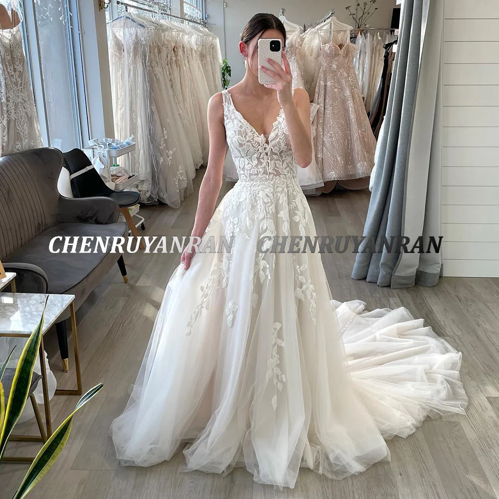 Elegant Wedding Dresses For Women 2023 V-Neck A-Line Long Wedding Gowns Applique Sweep Train Sexy Bride Dress vestidos de novia